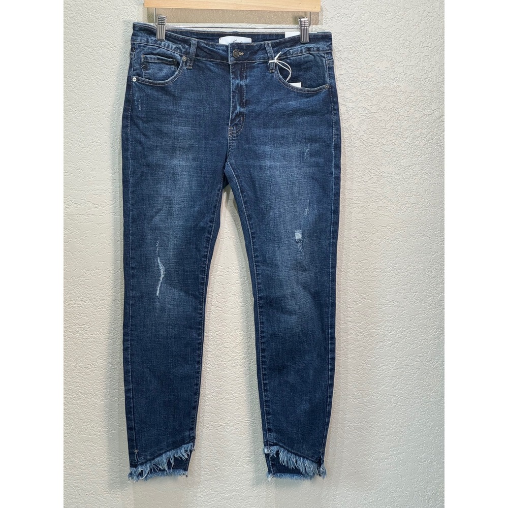 Kancan Dark Wash Mid Rise Ankle Skinny Jeans Frayed Hem‎ Distressed 13/30 NWT